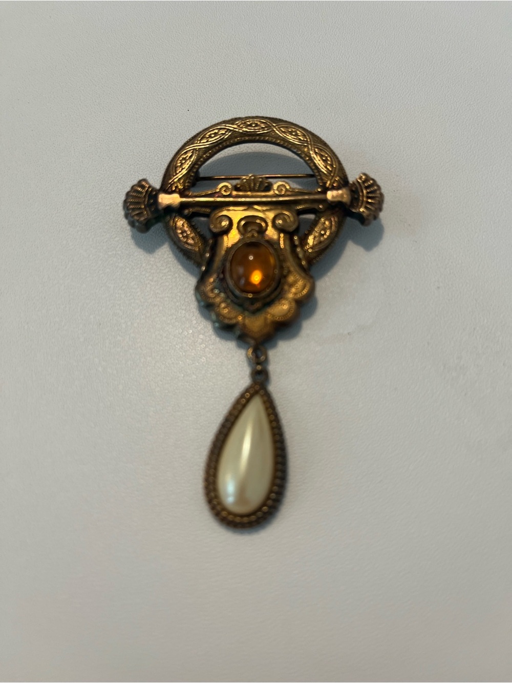 Vintage Antique Style Brass Dangle Brooch Pin with Faux Pearl & Amber Cabochon